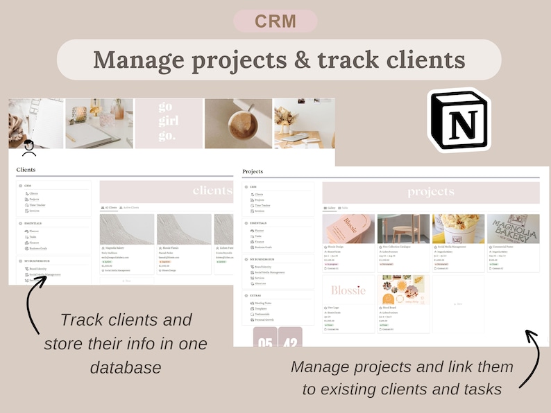Pu&ograve; includere: Un modello CRM digitale con il testo "Gestisci progetti e monitora i clienti". L'interfaccia mostra sezioni di gestione dei clienti e dei progetti. &Egrave; visibile anche il testo "Tieni traccia dei clienti e archivia le loro informazioni in un unico database".