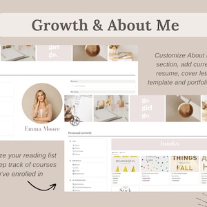 Pu&ograve; includere: Un'interfaccia di pianificazione digitale con il testo "Growth & About Me". L'interfaccia include sezioni per "About Me" e "Personal Growth", con la foto di una donna. Il testo invita gli utenti a personalizzare la sezione About Me e a organizzare la loro lista di lettura.