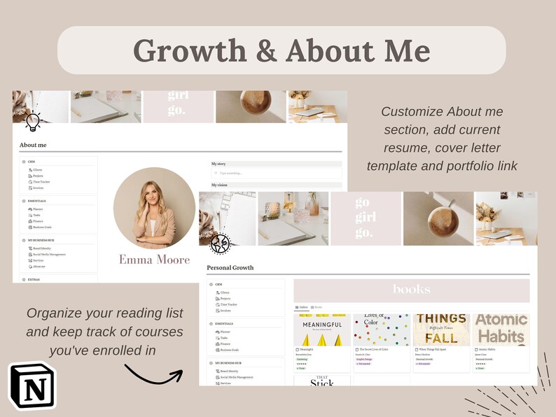 Pu&ograve; includere: Un'interfaccia di pianificazione digitale con il testo "Growth & About Me". L'interfaccia include sezioni per "About Me" e "Personal Growth", con la foto di una donna. Il testo invita gli utenti a personalizzare la sezione About Me e a organizzare la loro lista di lettura.