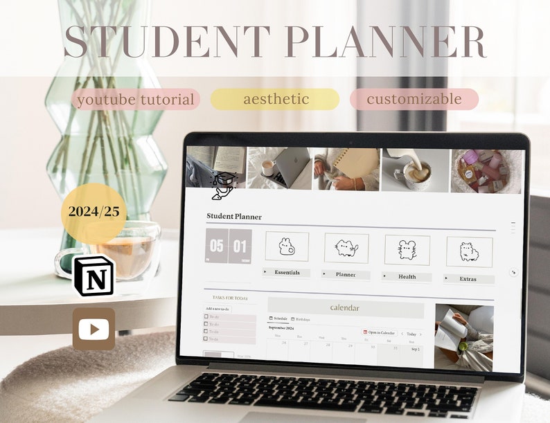 May include: A laptop computer displaying a website for a student planner. The website features a calendar, to-do list, and sections for essentials, planner, health, and extras. The website also includes the text "Student Planner" and "2024/25".