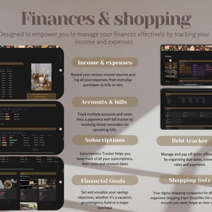 Op de afbeelding: Een screenshot van een website met een donkere achtergrond en gouden accenten. De website is ontworpen om gebruikers te helpen hun financi&euml;n en winkelen te beheren. De website heeft secties voor inkomsten en uitgaven, rekeningen en facturen, abonnementen, schuldenbeheer, financi&euml;le doelen en boodschappenlijstjes.