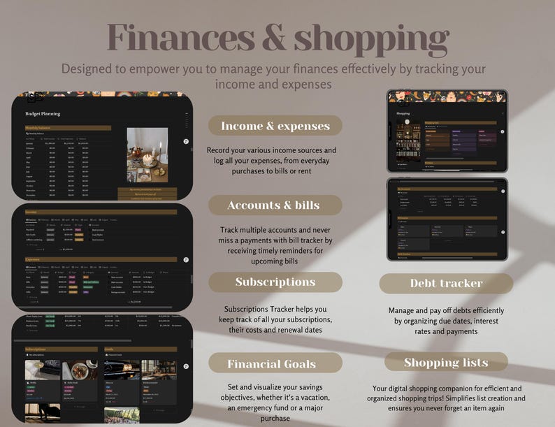 Op de afbeelding: Een screenshot van een website met een donkere achtergrond en gouden accenten. De website is ontworpen om gebruikers te helpen hun financi&euml;n en winkelen te beheren. De website heeft secties voor inkomsten en uitgaven, rekeningen en facturen, abonnementen, schuldenbeheer, financi&euml;le doelen en boodschappenlijstjes.