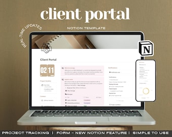 May include: A laptop computer displaying a Notion template for a client portal. The template features a welcome message, project timeline, contact information, and notifications. The screen also displays the text "Client Portal" and "Real-Time Updates".