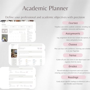 May include: A screenshot of a website for an academic planner. The website features a calendar, a list of courses, assignments, classes, notes, grades, and readings. The website is designed to help students organize their academic life.