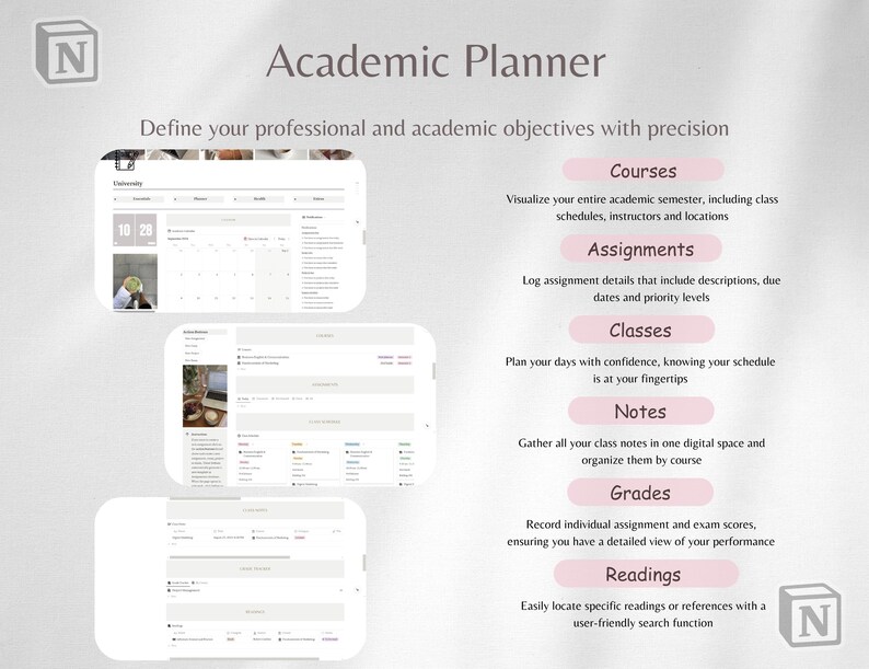 May include: A screenshot of a website for an academic planner. The website features a calendar, a list of courses, assignments, classes, notes, grades, and readings. The website is designed to help students organize their academic life.