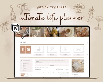 May include: A laptop computer screen displaying a Notion template for an ultimate life planner. The template includes sections for home, essentials, planner, health, and extras. The screen also shows a calendar, a to-do list, and a section for health notes.