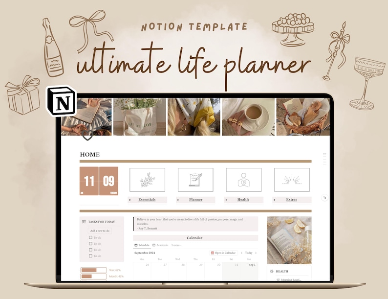 May include: A laptop computer screen displaying a Notion template for an ultimate life planner. The template includes sections for home, essentials, planner, health, and extras. The screen also shows a calendar, a to-do list, and a section for health notes.