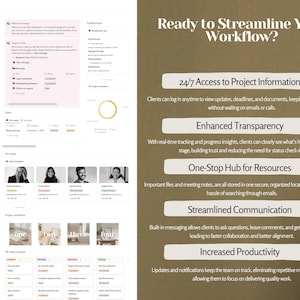 May include: A graphic illustration of a workflow process with a checklist and a gear icon. The text "Ready to Streamline Your Workflow?" is displayed in a brown box. The benefits of using a workflow process are listed below, including 24/7 access to project information, enhanced transparency, one-stop hub for resources, streamlined communication, and increased productivity.