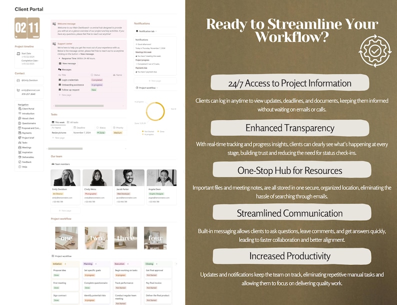 May include: A graphic illustration of a workflow process with a checklist and a gear icon. The text "Ready to Streamline Your Workflow?" is displayed in a brown box. The benefits of using a workflow process are listed below, including 24/7 access to project information, enhanced transparency, one-stop hub for resources, streamlined communication, and increased productivity.