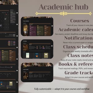 May include: A digital interface with a dark theme, showcasing an academic hub. The interface includes sections for courses, academic calendars, class schedules, and grade tracking. Text on the interface includes "Courses," "Academic calendar," and "Class schedule."