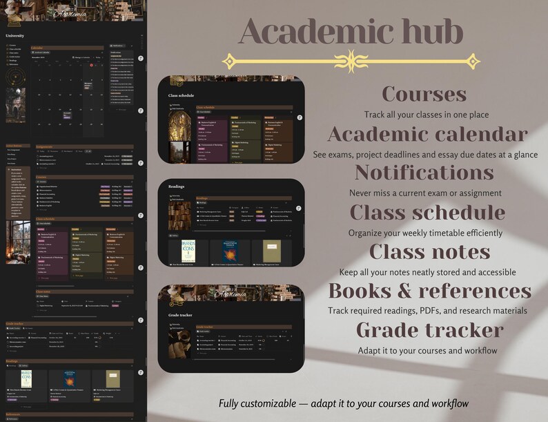 May include: A digital interface with a dark theme, showcasing an academic hub. The interface includes sections for courses, academic calendars, class schedules, and grade tracking. Text on the interface includes "Courses," "Academic calendar," and "Class schedule."