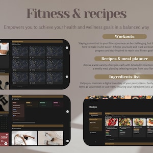 Op de afbeelding: Schermafbeelding van een website-interface voor een fitness- en recepten-app. De app heeft een workout-tracker, een receptenbibliotheek en een maaltijdplanner. De app is ontworpen om gebruikers te helpen hun gezondheids- en welzijnsdoelen op een uitgebalanceerde manier te bereiken.