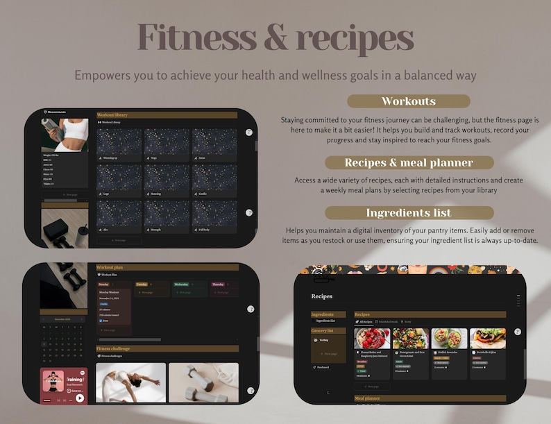 Op de afbeelding: Schermafbeelding van een website-interface voor een fitness- en recepten-app. De app heeft een workout-tracker, een receptenbibliotheek en een maaltijdplanner. De app is ontworpen om gebruikers te helpen hun gezondheids- en welzijnsdoelen op een uitgebalanceerde manier te bereiken.