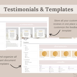 Pu&ograve; includere: Modello digitale per testimonianze e documenti, con un design beige chiaro e bianco. Il testo "Testimonials & Templates" &egrave; in alto. L'immagine include il logo Notion e le istruzioni.