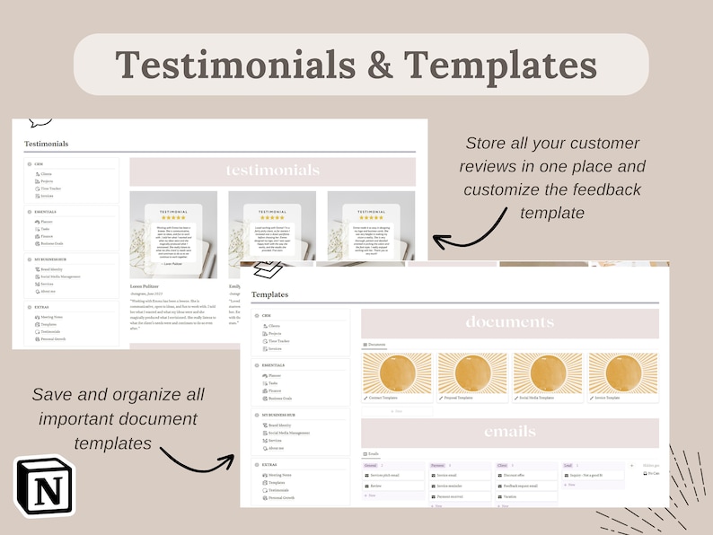 Pu&ograve; includere: Modello digitale per testimonianze e documenti, con un design beige chiaro e bianco. Il testo "Testimonials & Templates" &egrave; in alto. L'immagine include il logo Notion e le istruzioni.