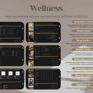 Op de afbeelding: Een digitale wellness-tracker-app met een donkere achtergrond en gouden accenten. De app heeft een kalenderinterface en verschillende trackers voor hydratatie, stemming, slaap, menstruatie, medicijnen, meditatie, huidverzorging en afspraken.