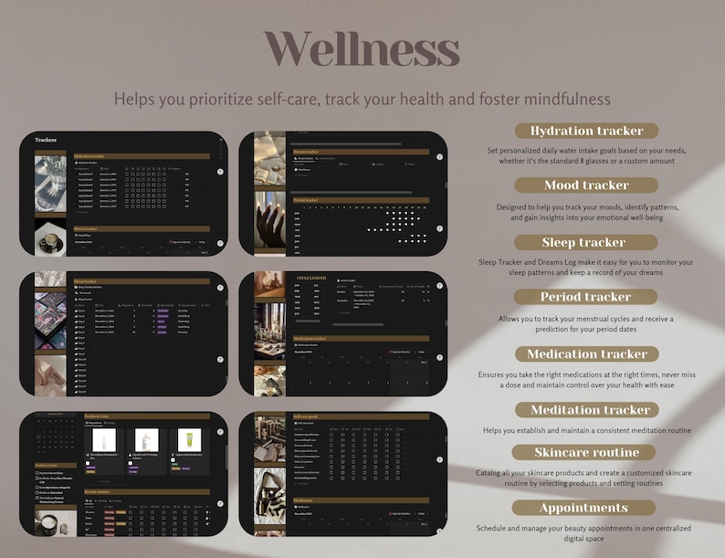 Op de afbeelding: Een digitale wellness-tracker-app met een donkere achtergrond en gouden accenten. De app heeft een kalenderinterface en verschillende trackers voor hydratatie, stemming, slaap, menstruatie, medicijnen, meditatie, huidverzorging en afspraken.