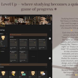 May include: A dark-themed digital interface with the text "Level Up" and "Dark Academia." The interface features study lessons, a calendar, and cartoon avatars. The text describes a gamified study system.