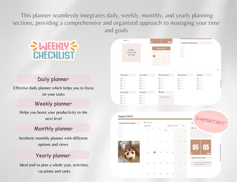 The template has 4 different planners- daily, weekly, monthly and yearly which help you boost your productivity and focus on your tasks