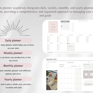 May include: A digital planner with a pink and white color scheme. The planner includes sections for daily, weekly, monthly, and yearly planning. The text "September/2024" is visible at the top of the monthly calendar.