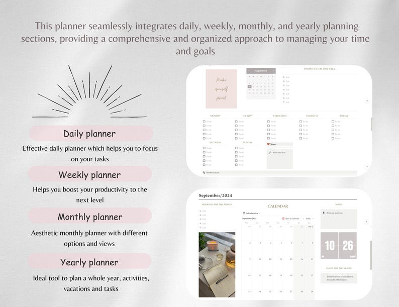May include: A digital planner with a pink and white color scheme. The planner includes sections for daily, weekly, monthly, and yearly planning. The text "September/2024" is visible at the top of the monthly calendar.