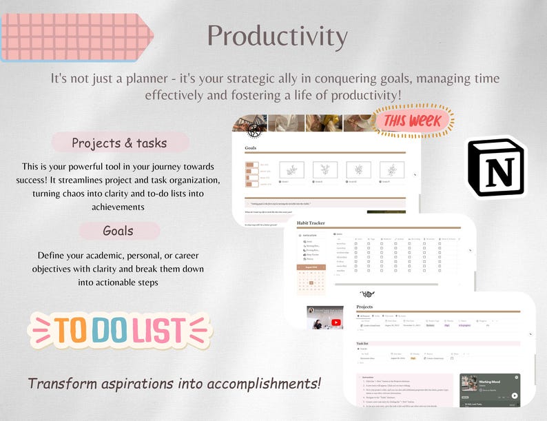 Habit tracker is divided by days and habits. Every habit has a checkbox which helps you stay on top with your daily routine.