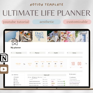 May include: A laptop screen displaying a Notion template for a life planner. The template is customizable and includes sections for essentials, planner, health, and extras. The screen also shows a task list with a weather forecast and a clock.