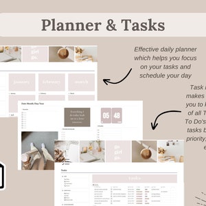Pu&ograve; includere: Interfaccia di pianificazione digitale con una combinazione di colori neutri. Il design include sezioni per gennaio, febbraio e marzo, insieme a funzioni di gestione delle attivit&agrave;. Il testo include "Planner & Tasks", "go girl go" e altri dettagli.