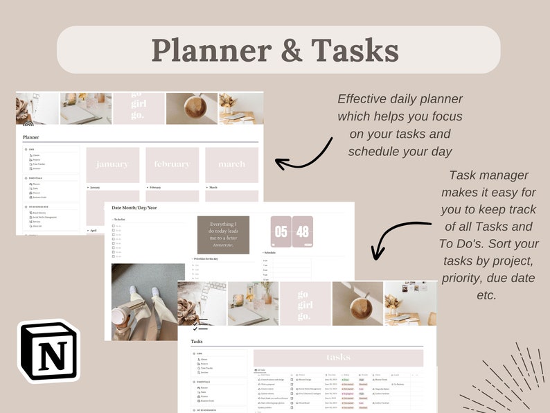 Pu&ograve; includere: Interfaccia di pianificazione digitale con una combinazione di colori neutri. Il design include sezioni per gennaio, febbraio e marzo, insieme a funzioni di gestione delle attivit&agrave;. Il testo include "Planner & Tasks", "go girl go" e altri dettagli.