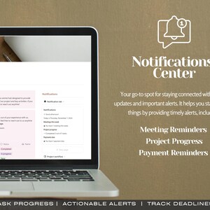 May include: A laptop computer screen displaying a notification center with the text "Notifications Center" and a list of features including "Meeting Reminders", "Project Progress", and "Payment Reminders".