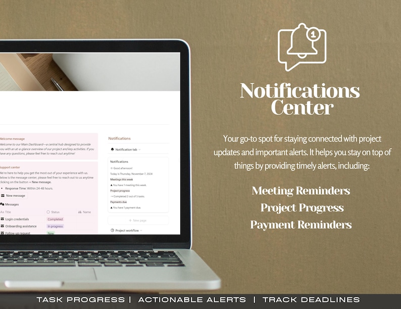 May include: A laptop computer screen displaying a notification center with the text "Notifications Center" and a list of features including "Meeting Reminders", "Project Progress", and "Payment Reminders".