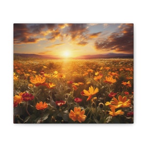 Gouden zonsondergang, zonsondergang canvas, landschapskunst, veld van bloemen, print op canvas, geschenk, decor, wanddecoratie, kunst aan de muur, canvas