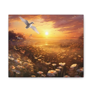 Zonsondergang, zonsondergang canvas, landschapskunst, veld van bloemen, print op canvas, cadeau, decor, wanddecoratie, kunst aan de muur, canvas
