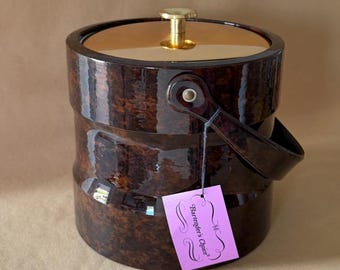 Vintage MCM Faux Tortoiseshell Ice Bucket with Gold Lid - Mid-Century Barware