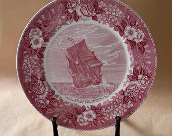 Adam’s England Old English Staffordshire Plate, Mayflower Arriving in Provincetown Harbor Red Transferware