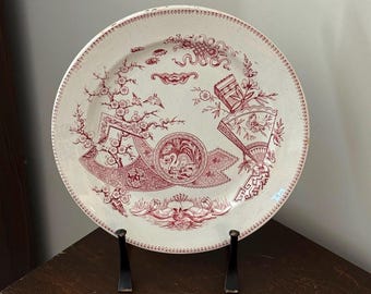 Antique Grindley & Co. Tunstall Plate, Japanese-Inspired Red Transferware, English Ironstone Display Plate