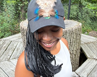 CURRENTLY UNAVAILABLE Restocking soon. Black Statement Baseball Hat: Suede trim, Feathers