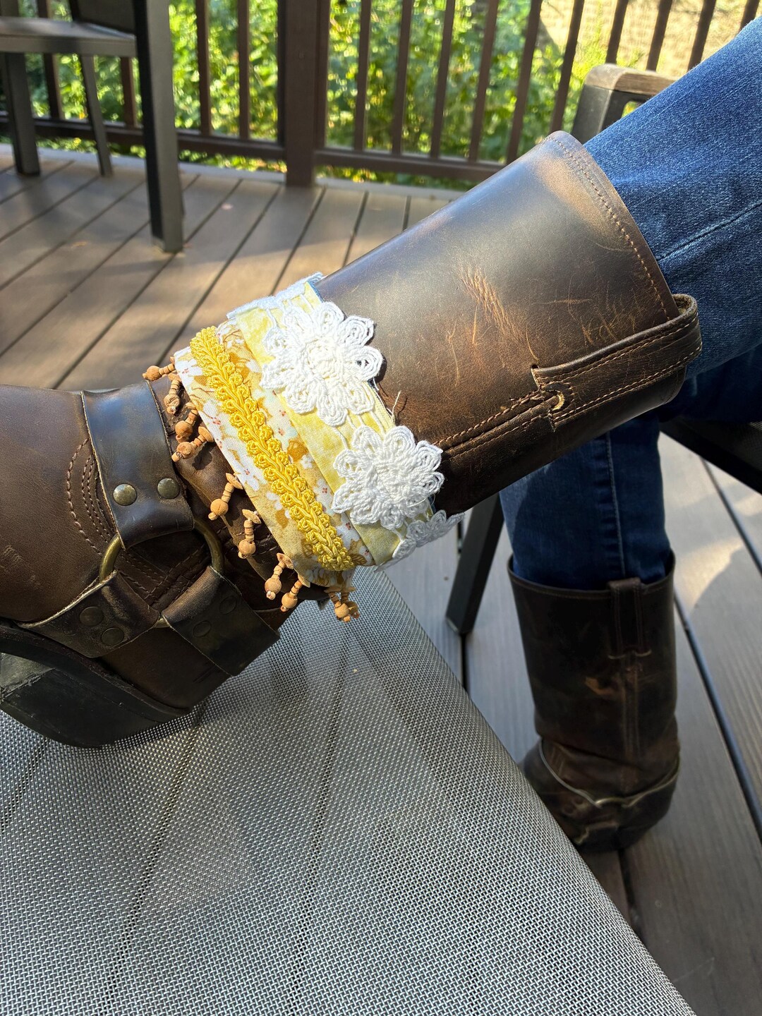 Handmade Denim Boot Wrap – Yellow Calico, Daisy Lace, Wood Tassels - Etsy