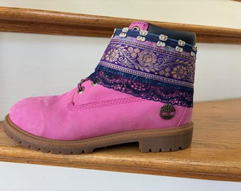 Purple blue and denim Boot Wrap/Boot Cuff with buttons