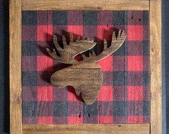 Buffalo plaid moose head or bear, moose, bear, Buffalo plaid, plaid, wall hanging, rustic decor, framed art, framed decor