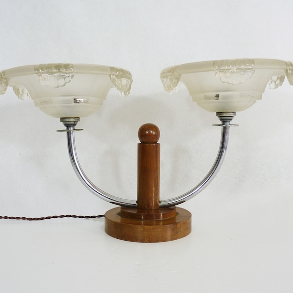 Lampe de bureau, lampe de table Art Déco en bois à 2 bras globes en verre style Ezan