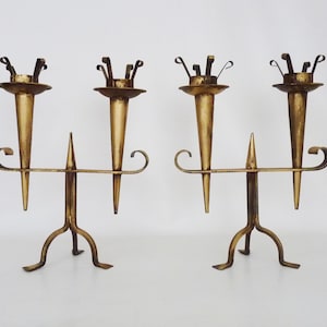 Large pair of vintage French gilded wrought iron candlesticks, two candles, 1960s