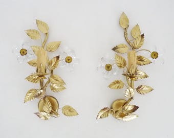 Pair of Vintage Italian Gold Wall Sconces with Glass Flowers, 1970s