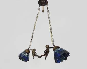 Superb 2-light cherub chandelier in tulip bronze with dragonfly glass paste. 60s