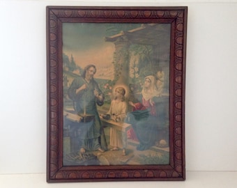 Great and beautiful engraving lithography, under glass in its wooden frame, of the holy family Jesus, Mary, Joseph. Nineteenth century