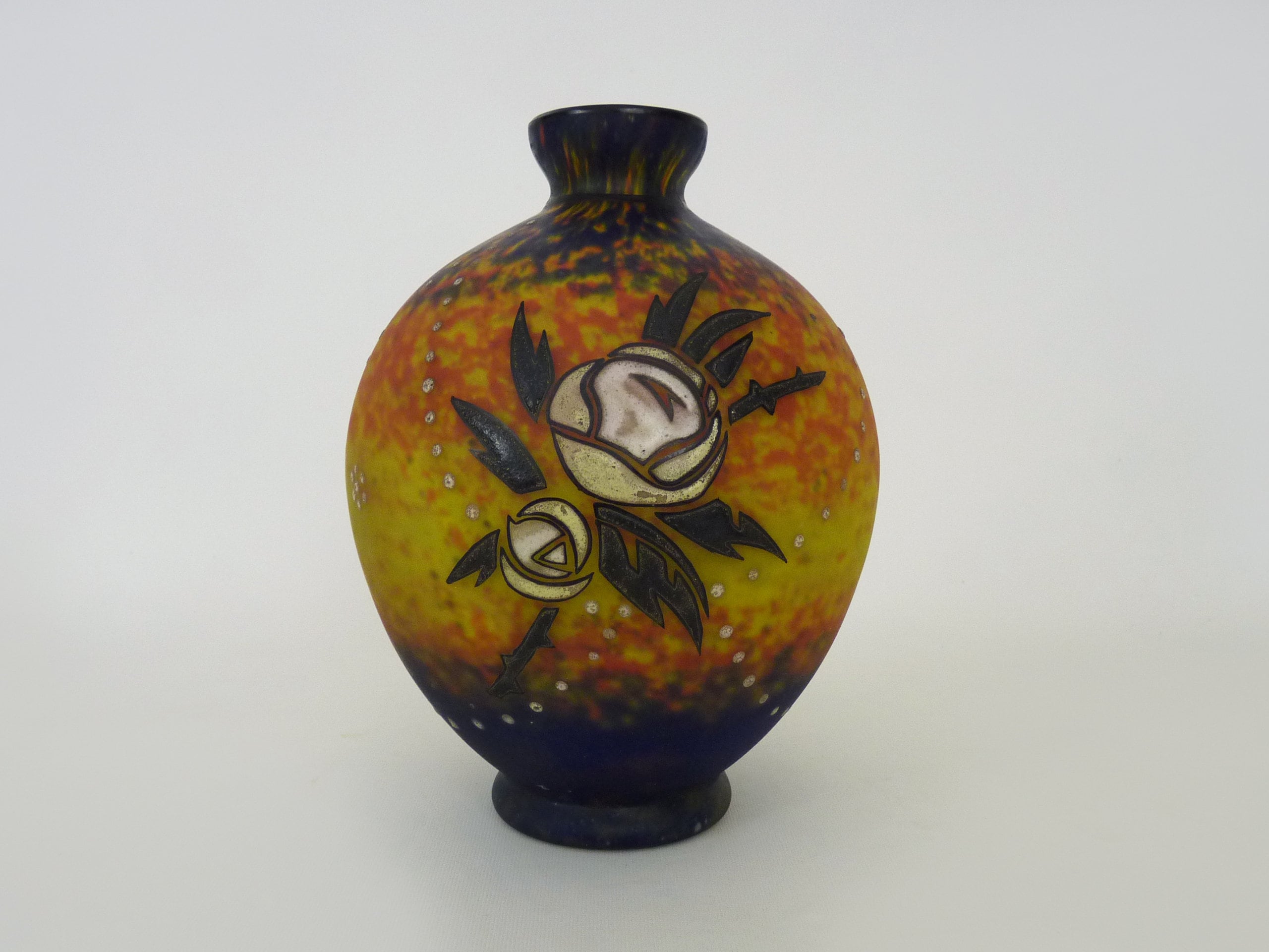 Vase Art Déco de Delatte Nancy en Verre Marmoréen Jaune Orangé