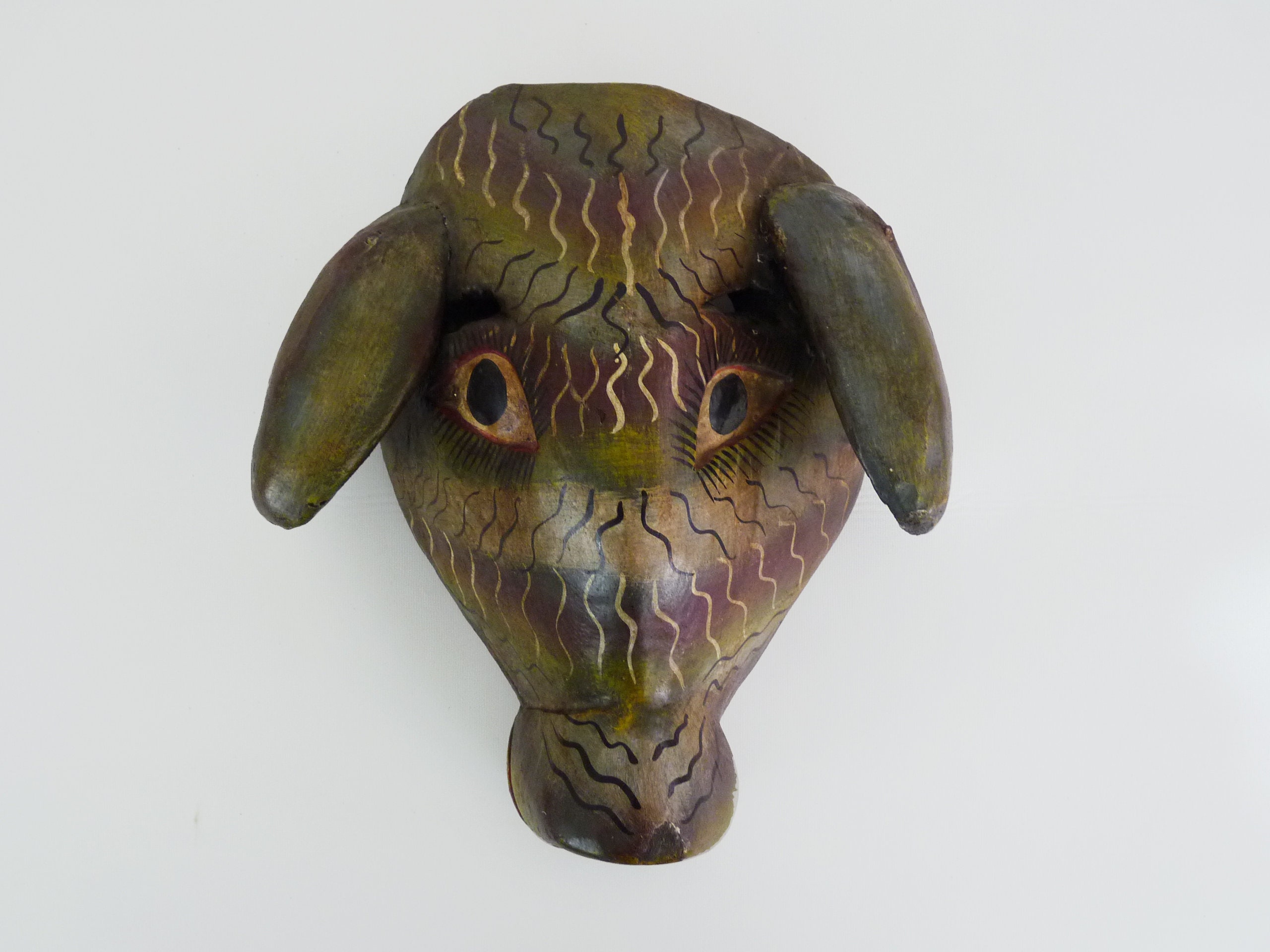 Ancien Masque Mexicain en Bois Sculpté Polychrome