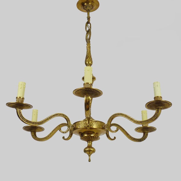 Ancien lustre, suspension, luminaire à 6 feux en bronze.