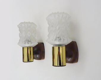 Pair of vintage Italian Targetti wall sconces in gold-tone metal with glass globes