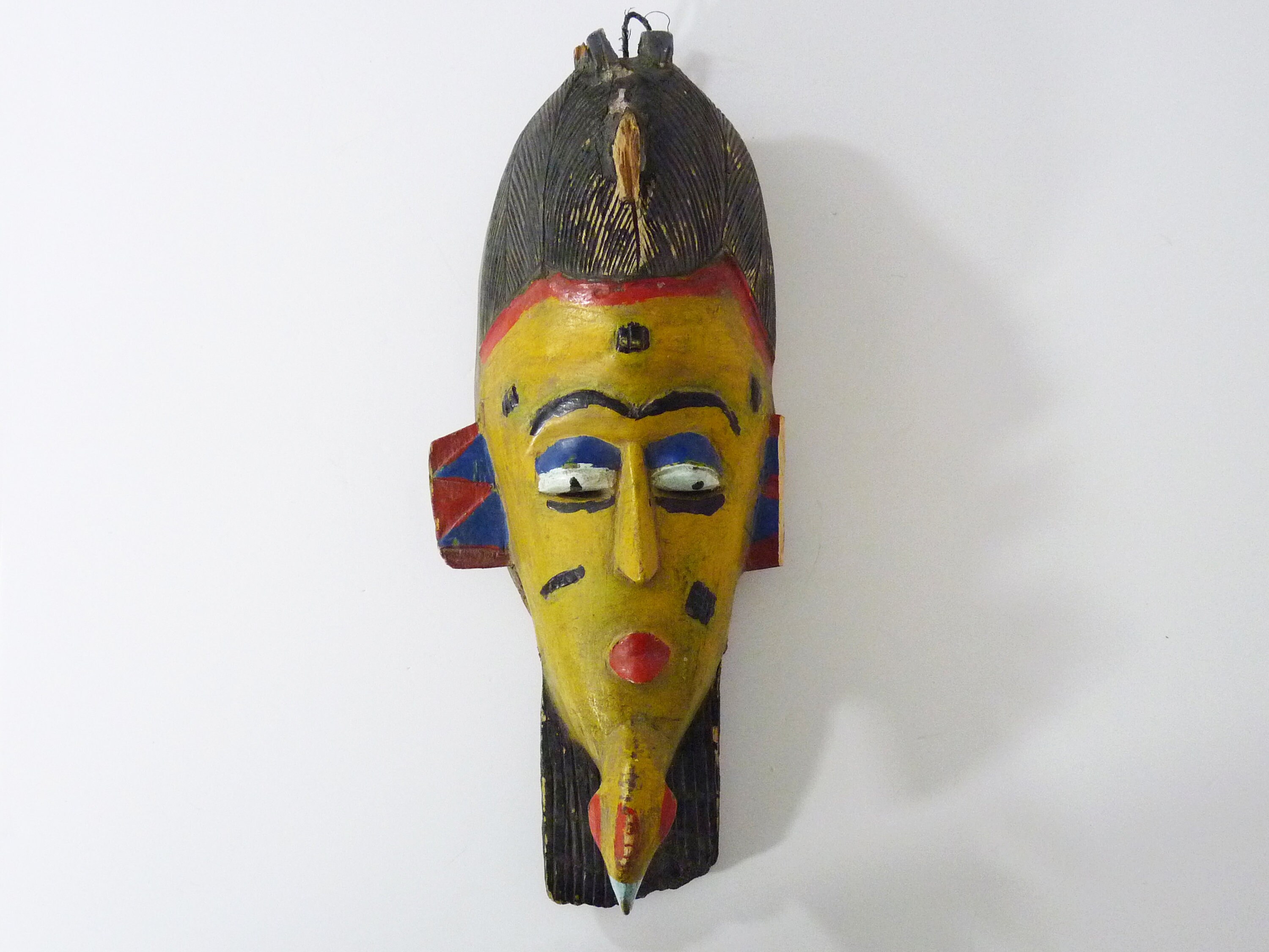 Masque en Bois Polychrome Gouro de Côte d'ivoire. Masque Oiseau Au Menton